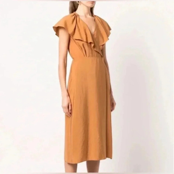 NWOT Vince Braid Trim Flutter Sleeve Wrap Dress Copper - Picture 1 of 6